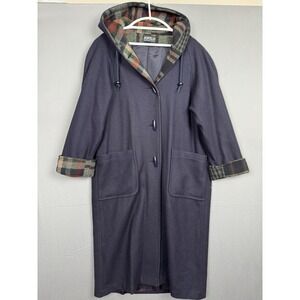 Vintage Jofeld Long Wool Overcoat Size 44 Large Navy Blue Plaid Hooded